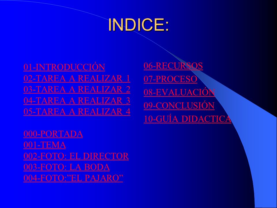 INDICE: 06-RECURSOS 01-INTRODUCCIÓN 07-PROCESO 02-TAREA A REALIZAR 1