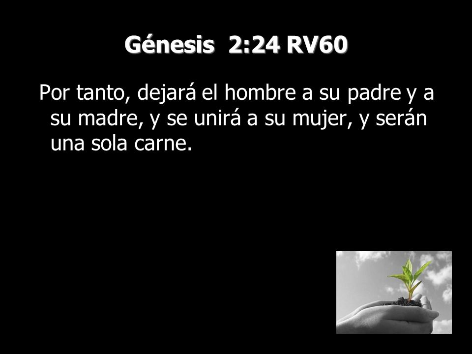 Génesis 2:24 RV60 Por tanto, dejará el hombre a su padre y a su madre, y se unirá a su mujer, y serán una sola carne.