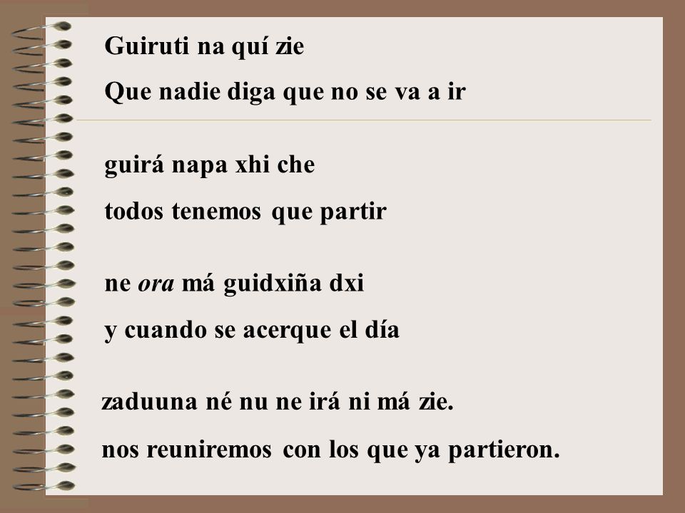Guiruti na quí zie Que nadie diga que no se va a ir. guirá napa xhi che. todos tenemos que partir.