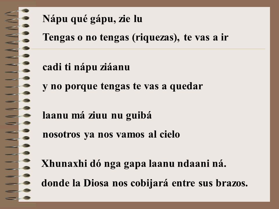 Nápu qué gápu, zie lu Tengas o no tengas (riquezas), te vas a ir. cadi ti nápu ziáanu. y no porque tengas te vas a quedar.
