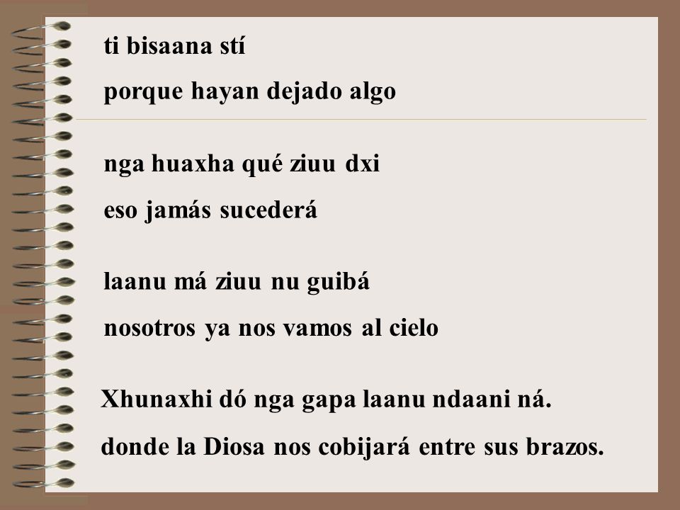 ti bisaana stí porque hayan dejado algo. nga huaxha qué ziuu dxi. eso jamás sucederá. laanu má ziuu nu guibá.