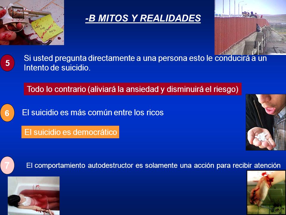 -B MITOS Y REALIDADES 5. Si usted pregunta directamente a una persona esto le conducirá a un. Intento de suicidio.