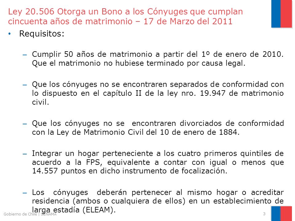 Ley Otorga un Bono a los Cónyuges que cumplan cincuenta años de matrimonio – 17 de Marzo del 2011