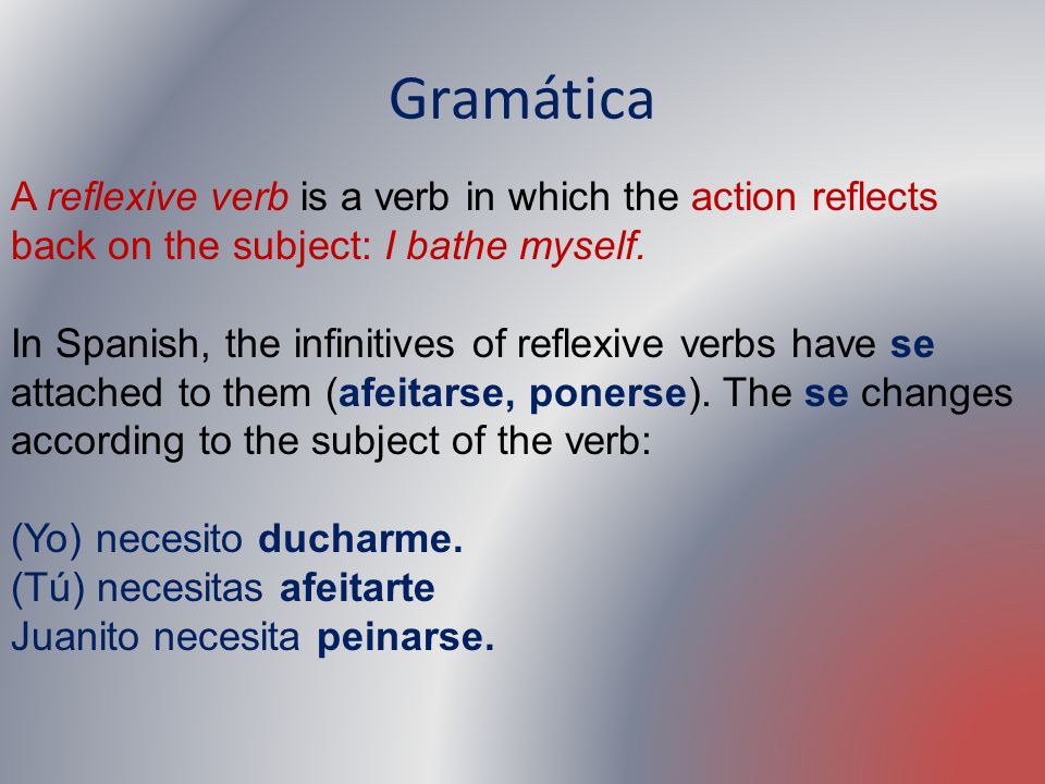 Gramática A reflexive verb is a verb in which the action reflects back on the subject: I bathe myself.