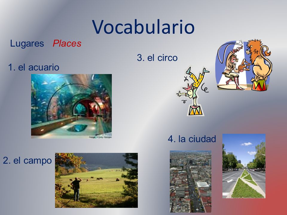 Vocabulario Lugares Places 3. el circo 1. el acuario 4. la ciudad