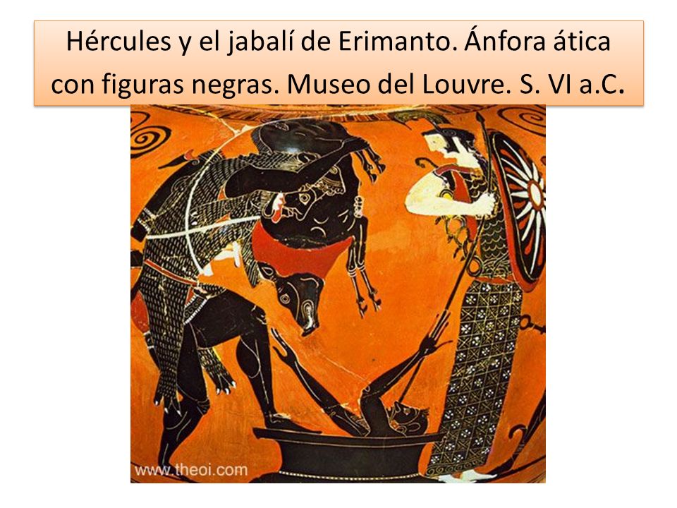 Hércules y el jabalí de Erimanto. Ánfora ática con figuras negras