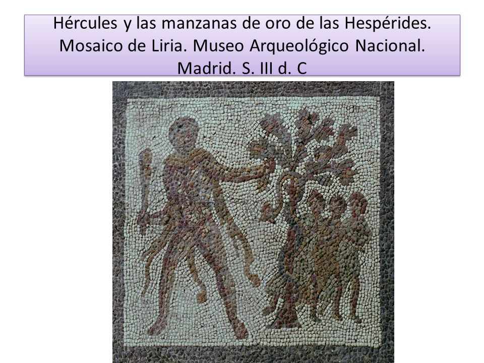 Hércules y las manzanas de oro de las Hespérides. Mosaico de Liria