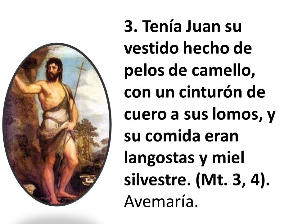 3. Tenía Juan su vestido hecho de pelos de camello, con un cinturón de cuero a sus lomos, y su comida eran langostas y miel silvestre. (Mt. 3, 4).
