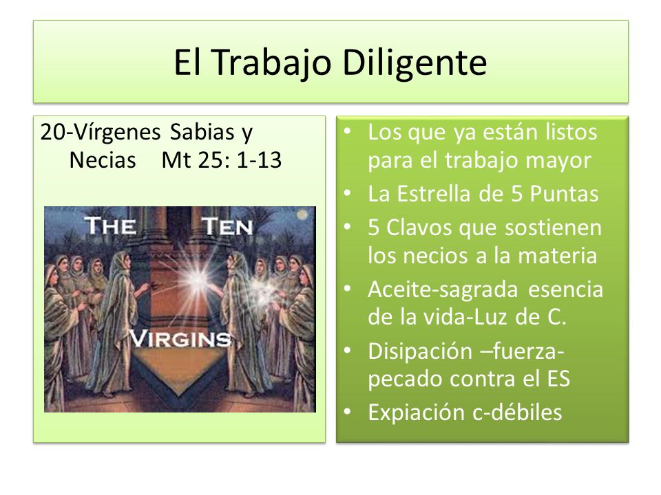 El Trabajo Diligente 20-Vírgenes Sabias y Necias Mt 25: 1-13