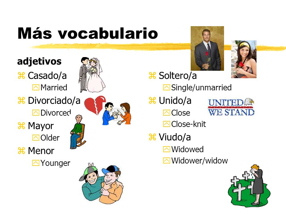 Más vocabulario adjetivos Casado/a Divorciado/a Mayor Menor Soltero/a