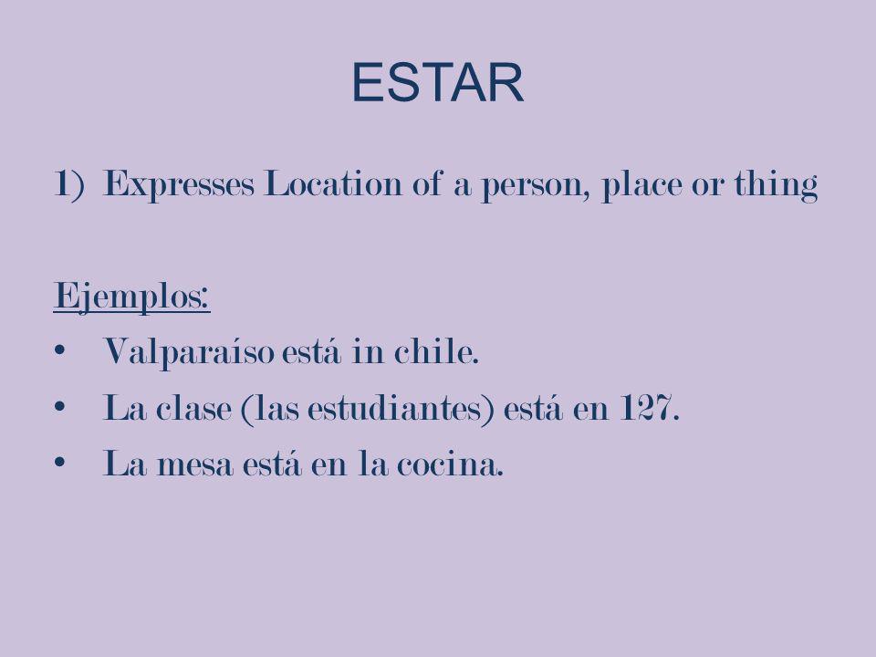ESTAR Expresses Location of a person, place or thing Ejemplos: