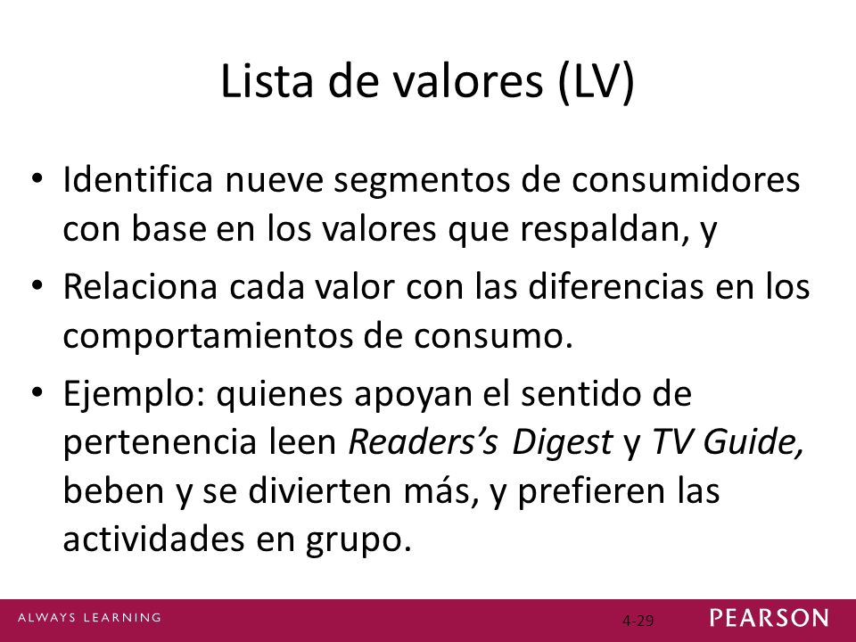Lista de valores (LV) Identifica nueve segmentos de consumidores con base en los valores que respaldan, y.