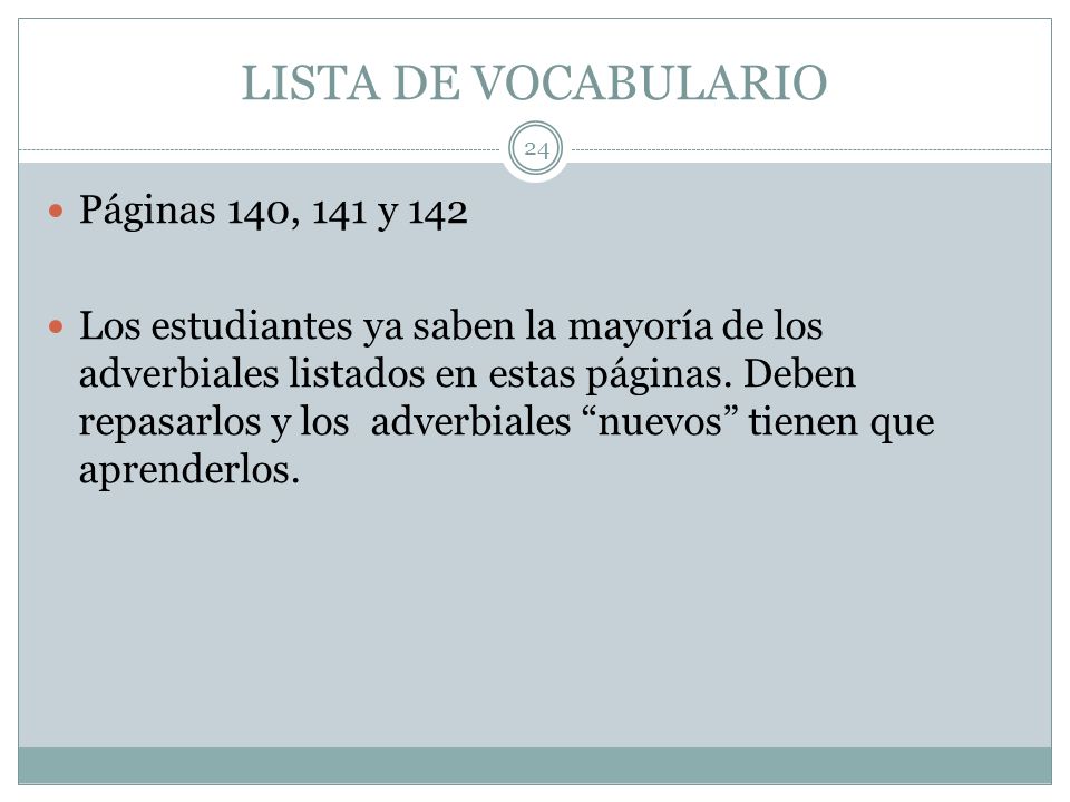 LISTA DE VOCABULARIO Páginas 140, 141 y 142