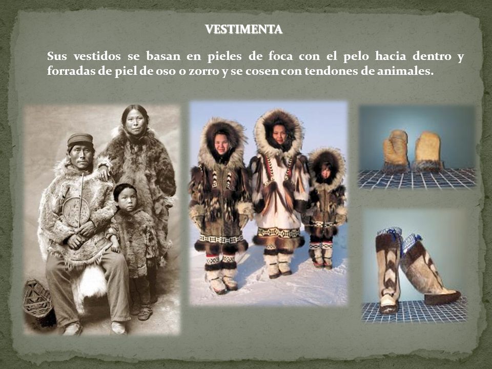 VESTIMENTA Sus vestidos se basan en pieles de foca con el pelo hacia dentro y forradas de piel de oso o zorro y se cosen con tendones de animales.