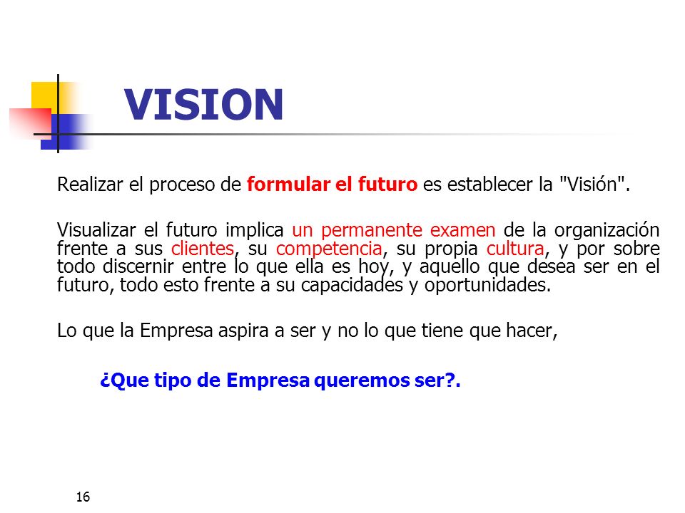 VISION Realizar el proceso de formular el futuro es establecer la Visión .
