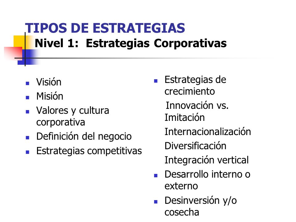 TIPOS DE ESTRATEGIAS Nivel 1: Estrategias Corporativas