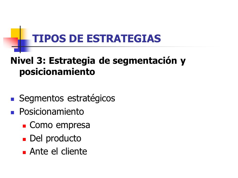 TIPOS DE ESTRATEGIAS Nivel 3: Estrategia de segmentación y posicionamiento. Segmentos estratégicos.