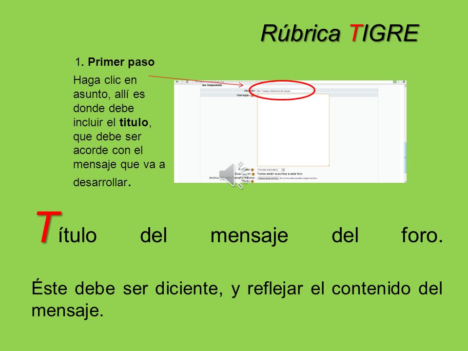 Rúbrica TIGRE Haga clic en asunto, allí es donde debe incluir el titulo, que debe ser acorde con el mensaje que va a desarrollar.