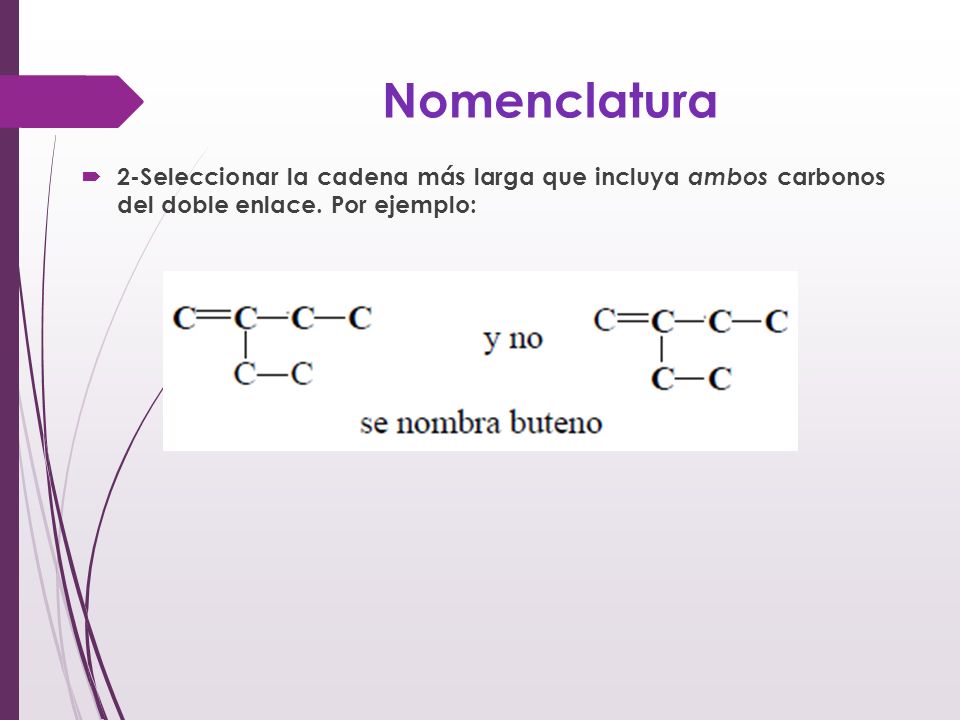Nomenclatura 2-Seleccionar la cadena más larga que incluya ambos carbonos del doble enlace.