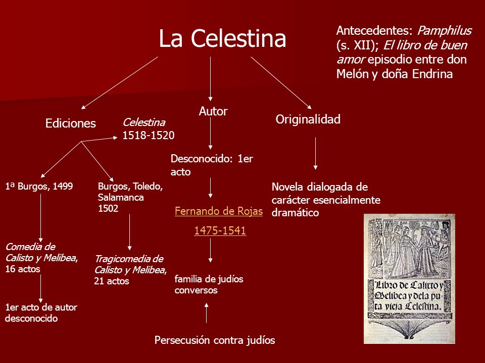 La Celestina Antecedentes: Pamphilus (s. XII); El libro de buen amor episodio entre don Melón y doña Endrina.