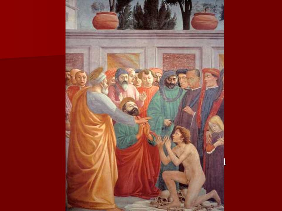 Sus figuras, macizas y contundentes, ajenas por completo al gesto grácil del gótico, ocupan un espacio verdadero, histórico, un espacio que puede ser perfectamente reconstruido en un volumen acorde a las leyes de la perspectiva lineal y a las del contraste de color.