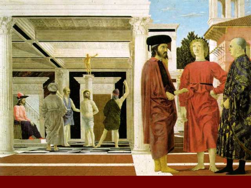 Utilización de la perspectiva con rigor matemático, aunque Piero no suele invitar al espectador a percibir ficticios mundos más allá de la superficie del soporte.