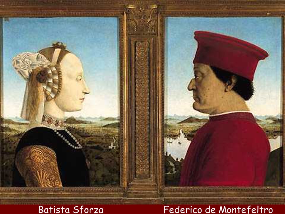 Piero es también el retratista cortesano de los príncipes y tiranos del Quattrocento. En Rímini retrata a Segismundo Malatesta, en Ferrara a Lionelo d Este y en Urbino a los duques Federico de Montefeltro y Battista Sforza, mediante el modelo llamado retrato numismático .