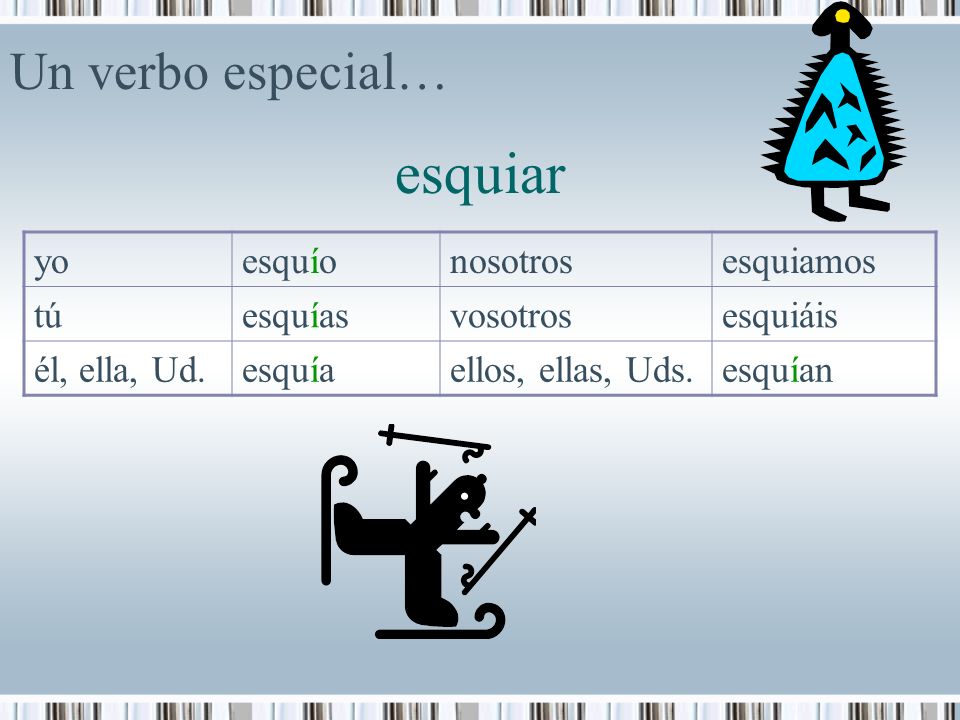 esquiar Un verbo especial… yo esquío nosotros esquiamos tú esquías