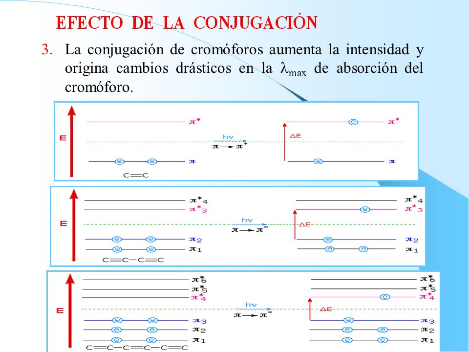 La conjugación de cromóforos aumenta la intensidad y origina cambios drásticos en la lmax de absorción del cromóforo.