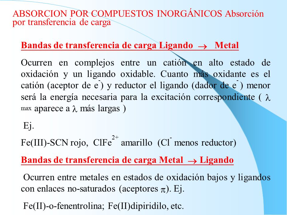 ABSORCION POR COMPUESTOS INORGÁNICOS Absorción por transferencia de carga