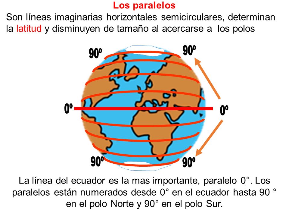 Los paralelos Son líneas imaginarias horizontales semicirculares, determinan la latitud y disminuyen de tamaño al acercarse a los polos.
