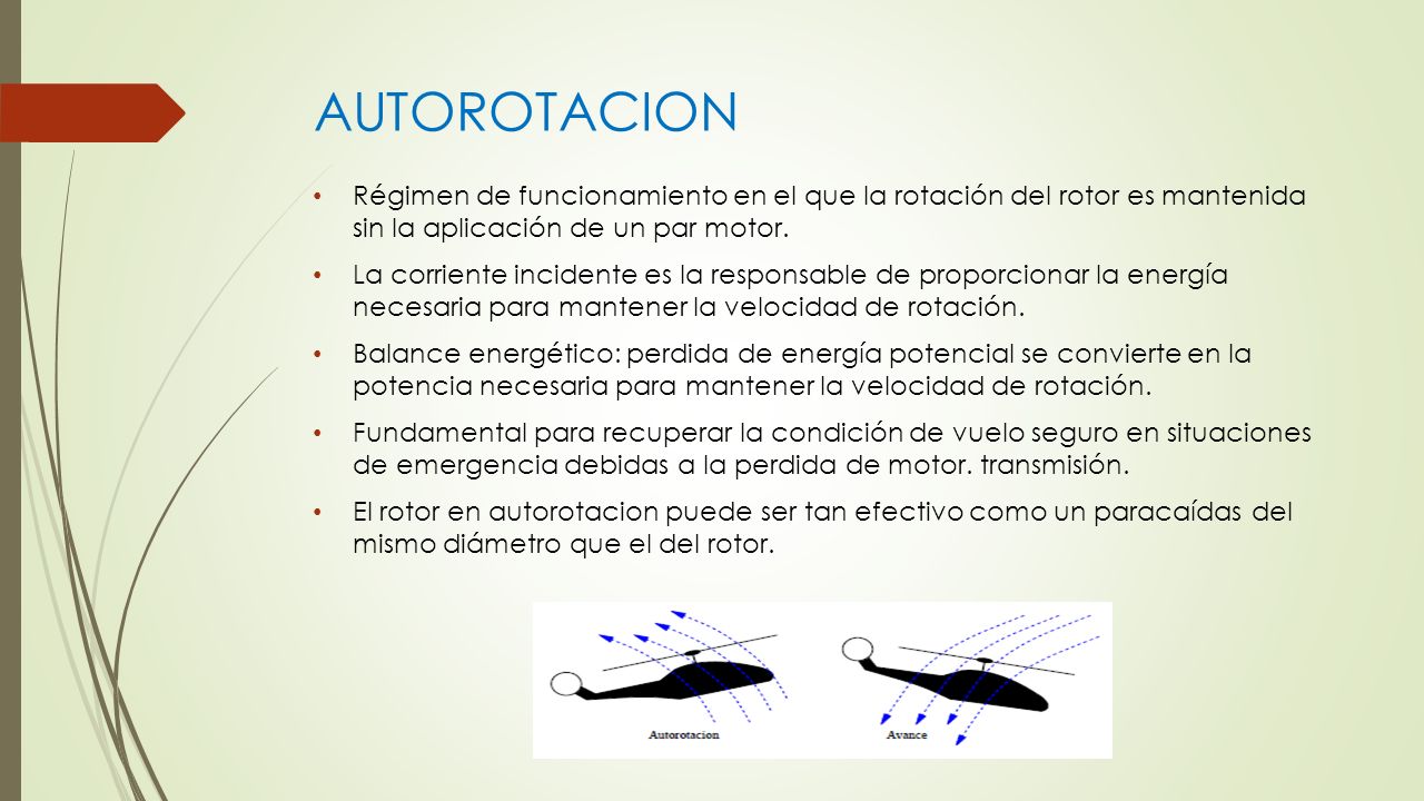 AUTOROTACION Régimen de funcionamiento en el que la rotación del rotor es mantenida sin la aplicación de un par motor.