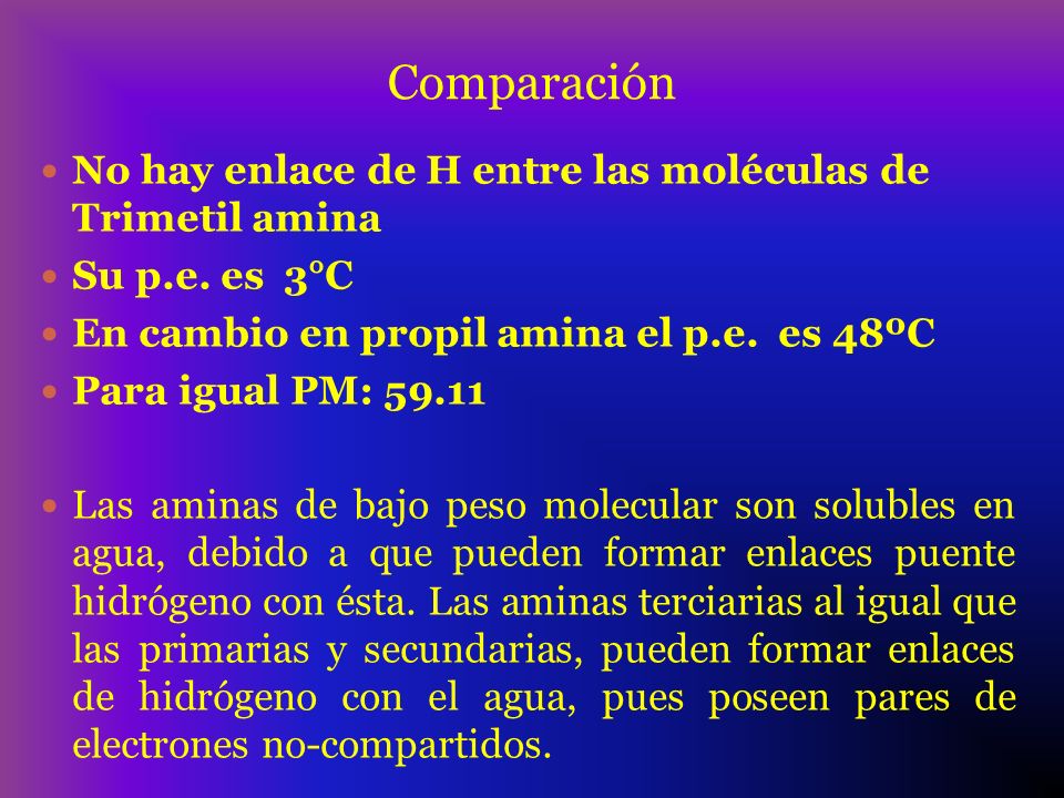 Comparación No hay enlace de H entre las moléculas de Trimetil amina
