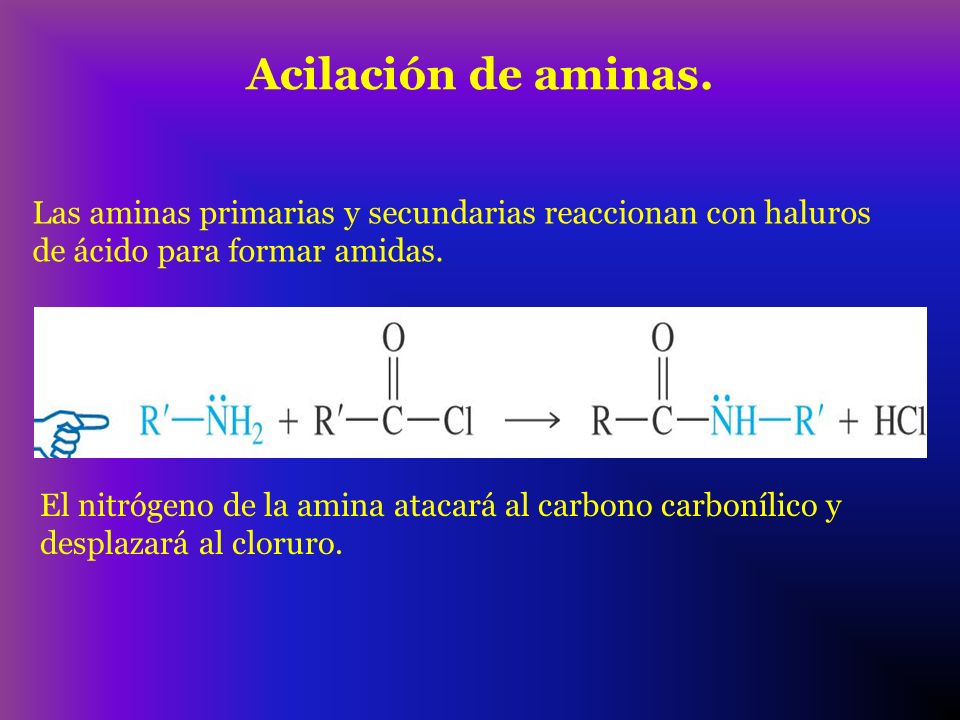 Acilación de aminas. Las aminas primarias y secundarias reaccionan con haluros de ácido para formar amidas.
