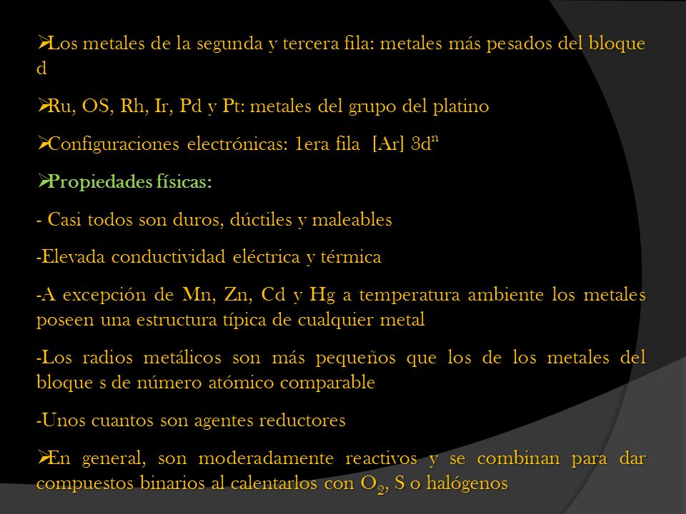 Los metales de la segunda y tercera fila: metales más pesados del bloque d