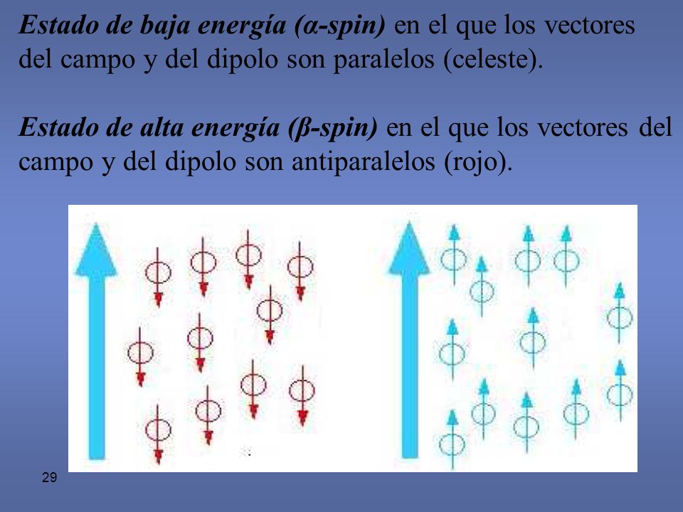 Estado de baja energía (α-spin) en el que los vectores del campo y del dipolo son paralelos (celeste).