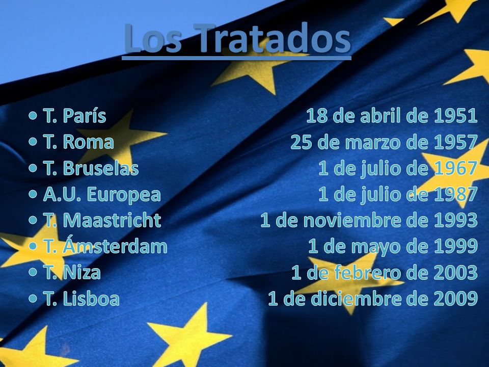 Los Tratados • T. París • T. Roma • T. Bruselas • A.U. Europea • T. Maastricht • T. Ámsterdam • T. Niza • T. Lisboa.