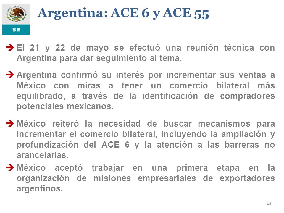Argentina: ACE 6 y ACE 55 El 21 y 22 de mayo se efectuó una reunión técnica con Argentina para dar seguimiento al tema.