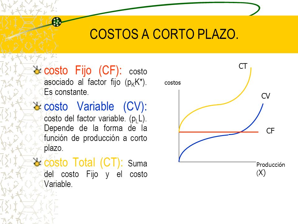 COSTOS A CORTO PLAZO. CT. costo Fijo (CF): costo asociado al factor fijo (pKK*). Es constante.