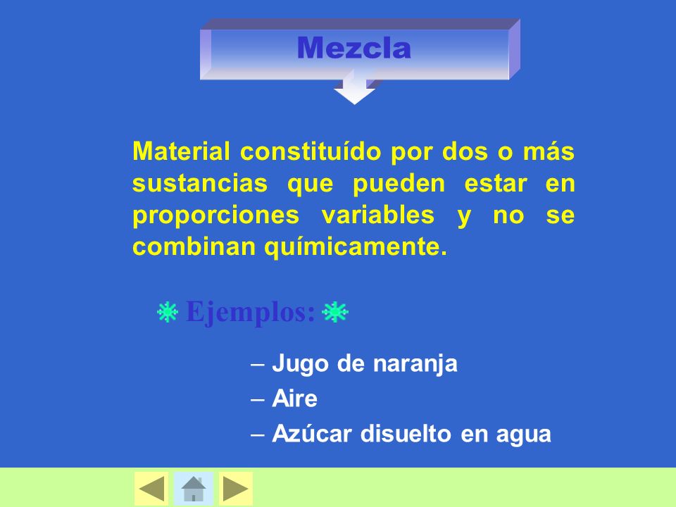Mezcla Material constituído por dos o más sustancias que pueden estar en proporciones variables y no se combinan químicamente.