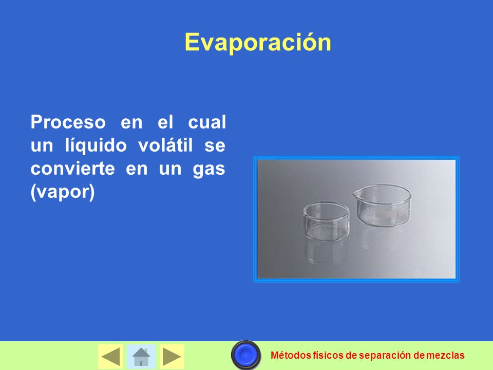 Evaporación Proceso en el cual un líquido volátil se convierte en un gas (vapor) Métodos físicos de separación de mezclas.