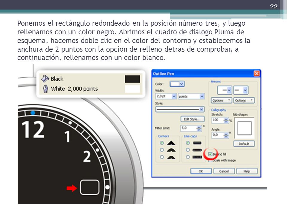 Ponemos el rectángulo redondeado en la posición número tres, y luego rellenamos con un color negro.