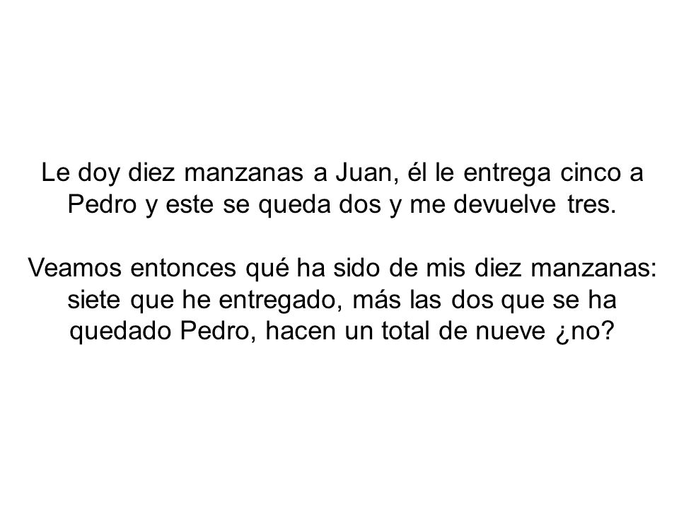 Le doy diez manzanas a Juan, él le entrega cinco a Pedro y este se queda dos y me devuelve tres.