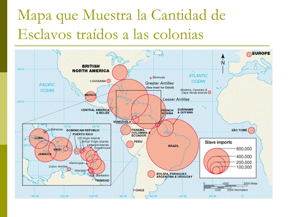 Mapa que Muestra la Cantidad de Esclavos traídos a las colonias