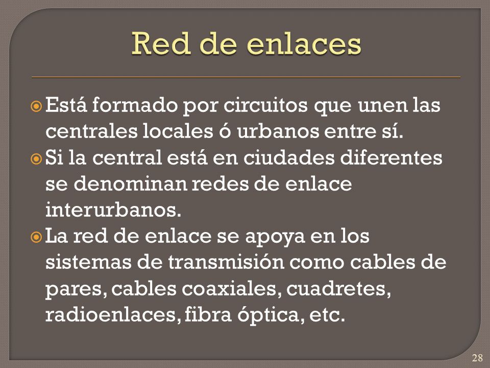 Red de enlaces Está formado por circuitos que unen las centrales locales ó urbanos entre sí.