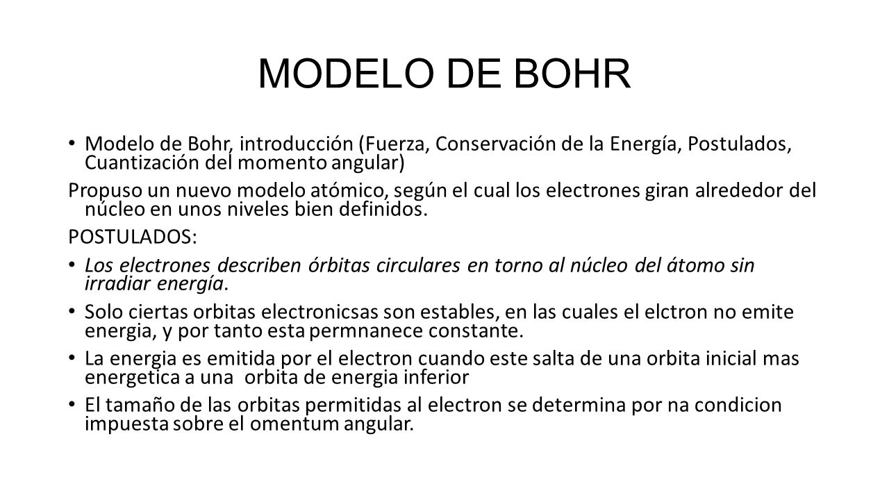 MODELO DE BOHR Modelo de Bohr, introducción (Fuerza, Conservación de la Energía, Postulados, Cuantización del momento angular)