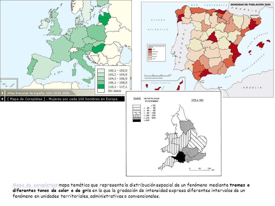 Mapa de coropletas: mapa temático que representa la distribución espacial de un fenómeno mediante tramas o diferentes tonos de color o de gris en la que la gradación de intensidad expresa diferentes intervalos de un fenómeno en unidades territoriales, administrativas o convencionales.