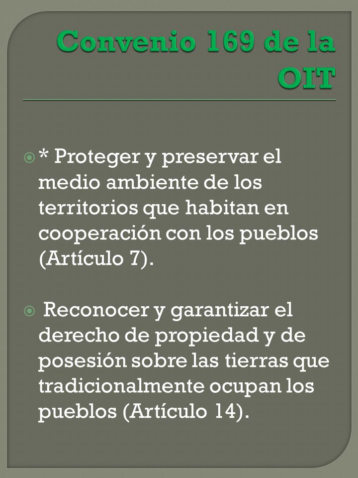 Convenio 169 de la OIT * Proteger y preservar el medio ambiente de los territorios que habitan en cooperación con los pueblos (Artículo 7).