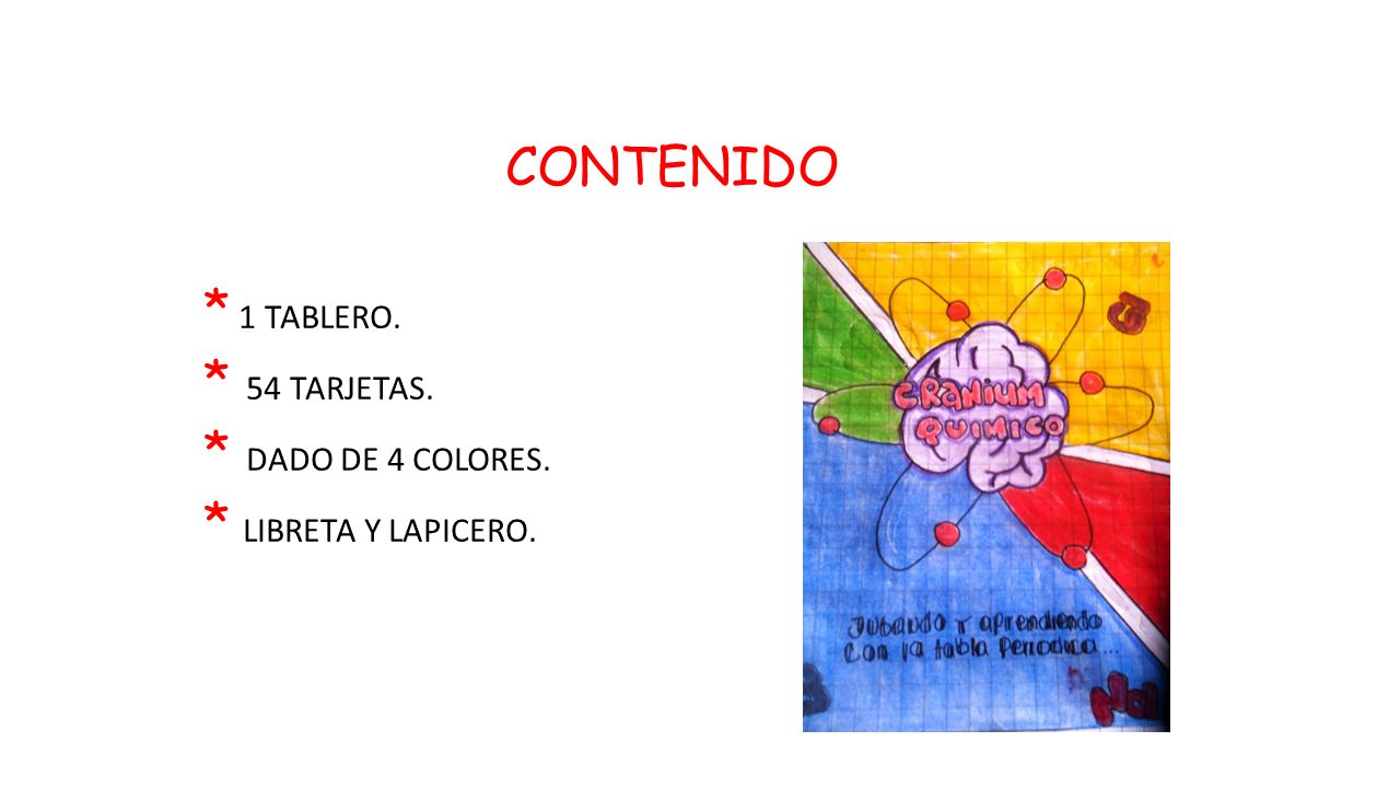 * 1 TABLERO. * 54 TARJETAS. * DADO DE 4 COLORES. * LIBRETA Y LAPICERO.