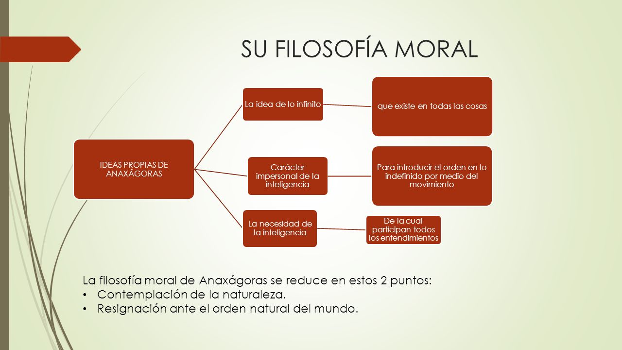 SU FILOSOFÍA MORAL IDEAS PROPIAS DE ANAXÁGORAS. La idea de lo infinito. que existe en todas las cosas.